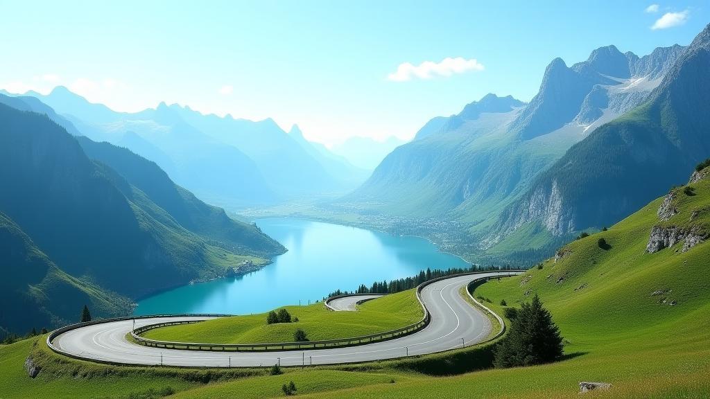 Swiss highway winding through mountains and lakes, clear sky